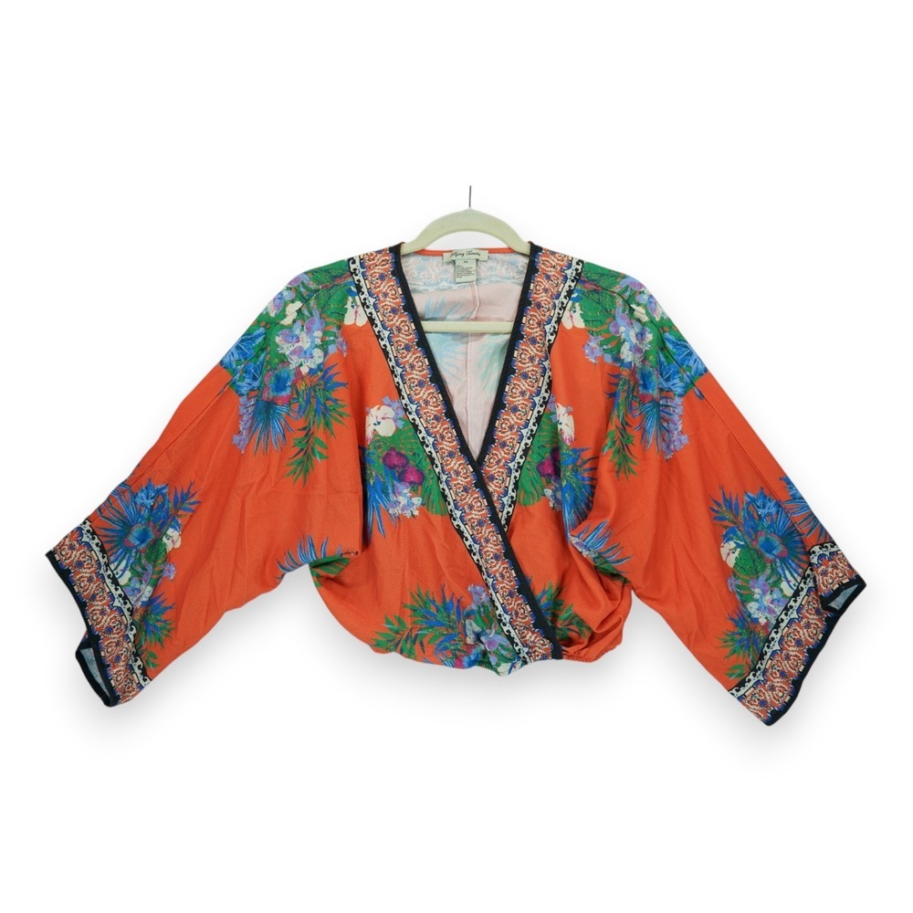 Flying Tomato Crop Top Orange Floral Beachy Boho‎ Blouse Size XS ~ V-Neck
